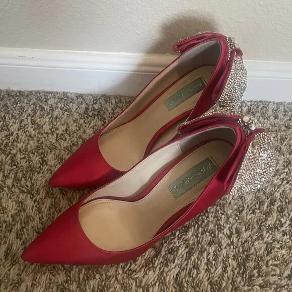 Betsy Johnson Red Satin Heel With Rhinestone Bow - Picture 9 of 13